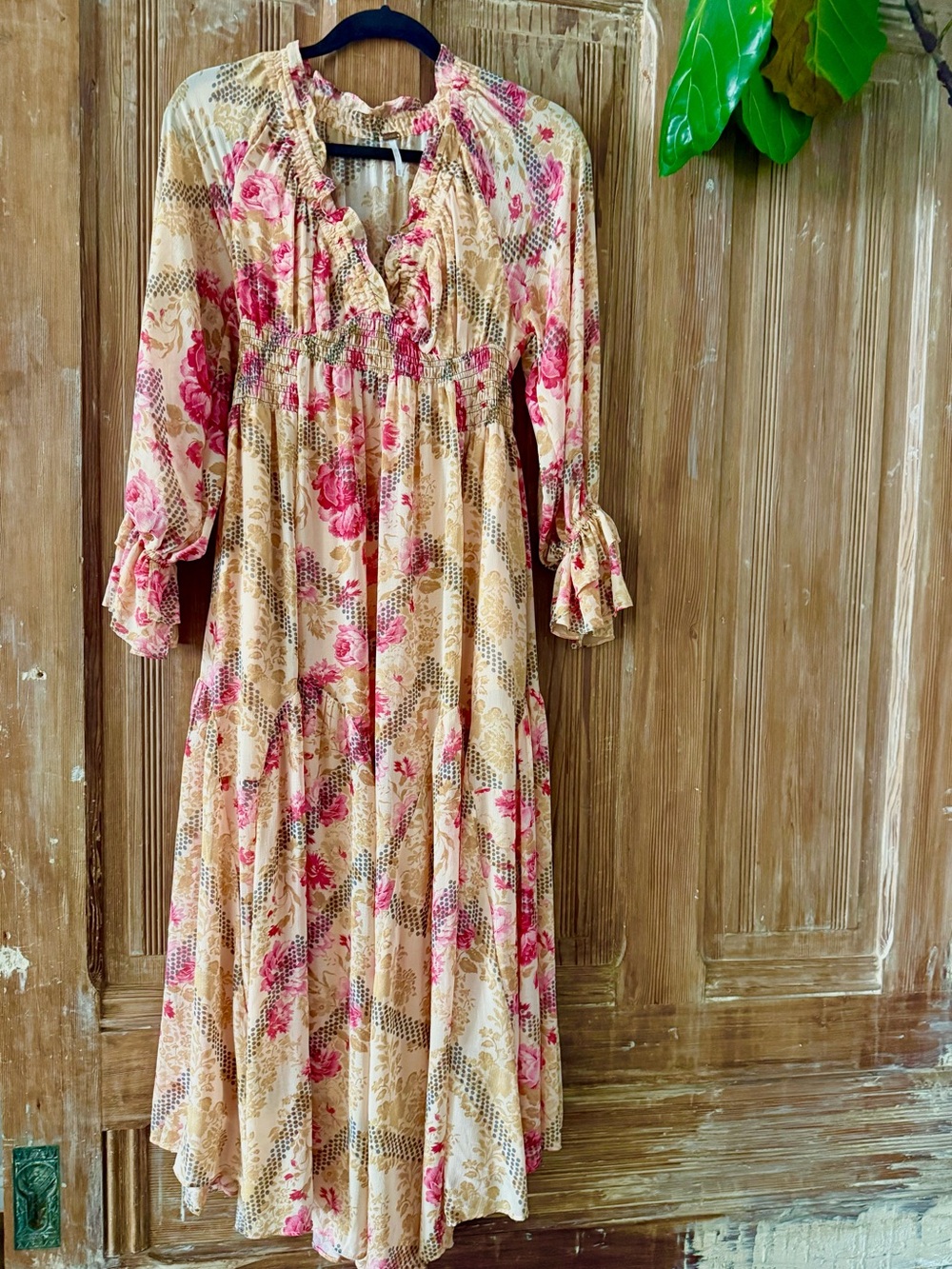 Free People Beige Maxi Dress with Pink Floral Print